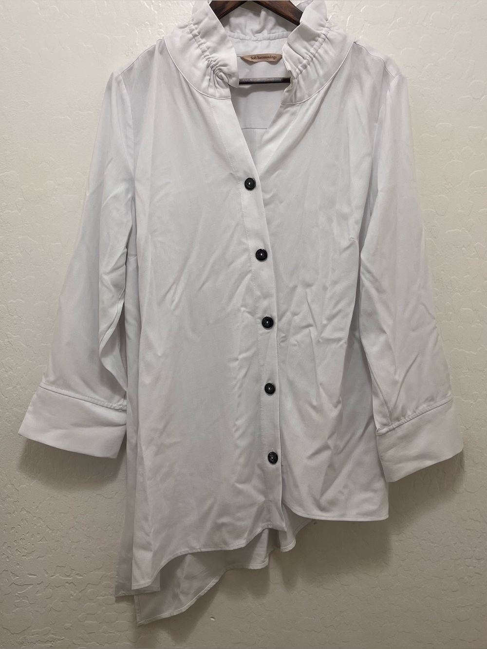Soft Surroundings XL White Gathered Collar Asymmetrical Button Down Blouse